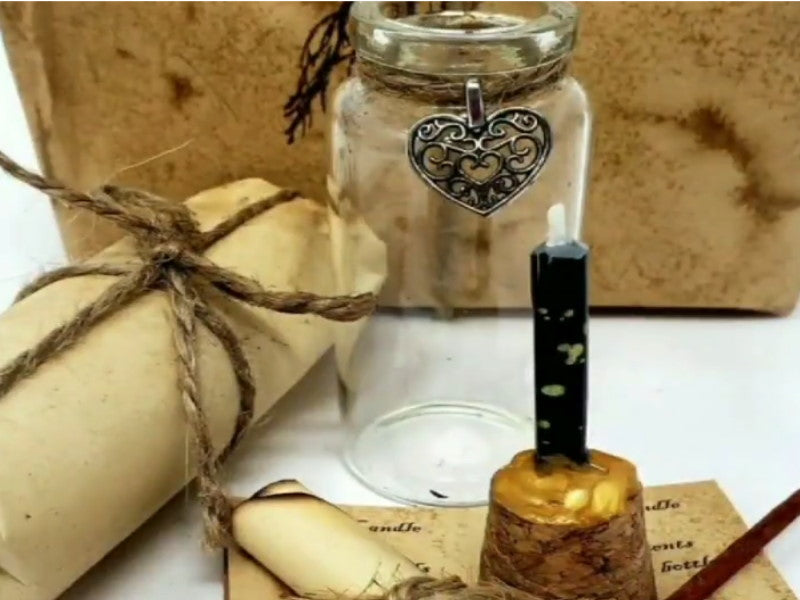 Hexe’s Mini simple, ready-to-use Spell Kit for practitioners of all levels - Candle , glass bottle and cork, Hand stained scroll with Instructions