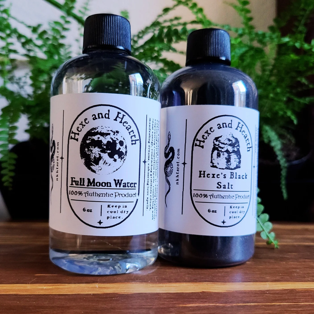 Full Moon Water & Hexe's Black Salt Bundle – 6 oz Ritual Duo with Bonus Crystal for Cleansing, Protection, and Spiritual Growth