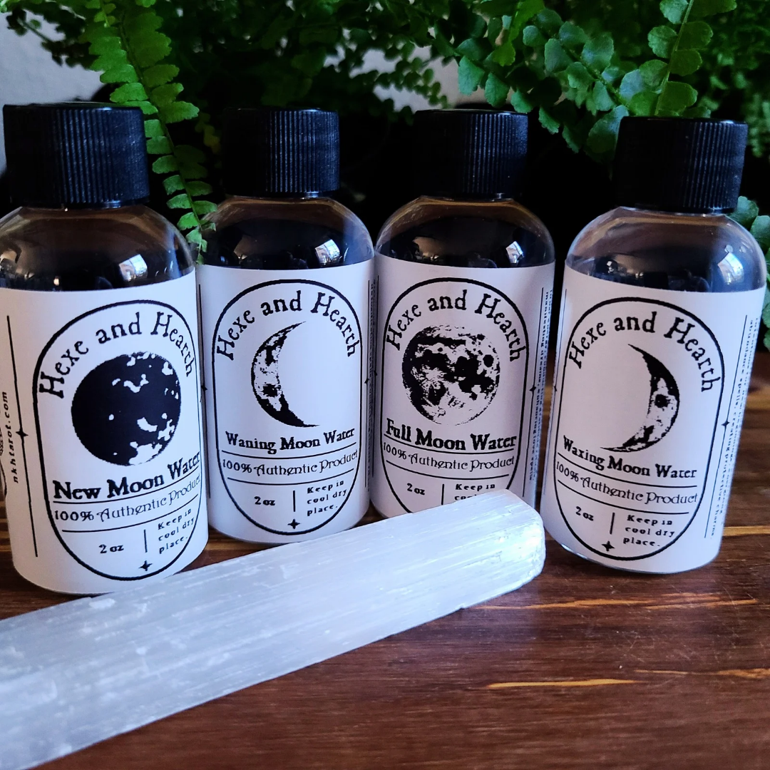 4-Pack Moon Water and Crystal Set – Moon Phases Water with Bonus Selenite Wand & Hexe Black Salt Vial – Ritual Cleansing, Charging, Intention Setting
