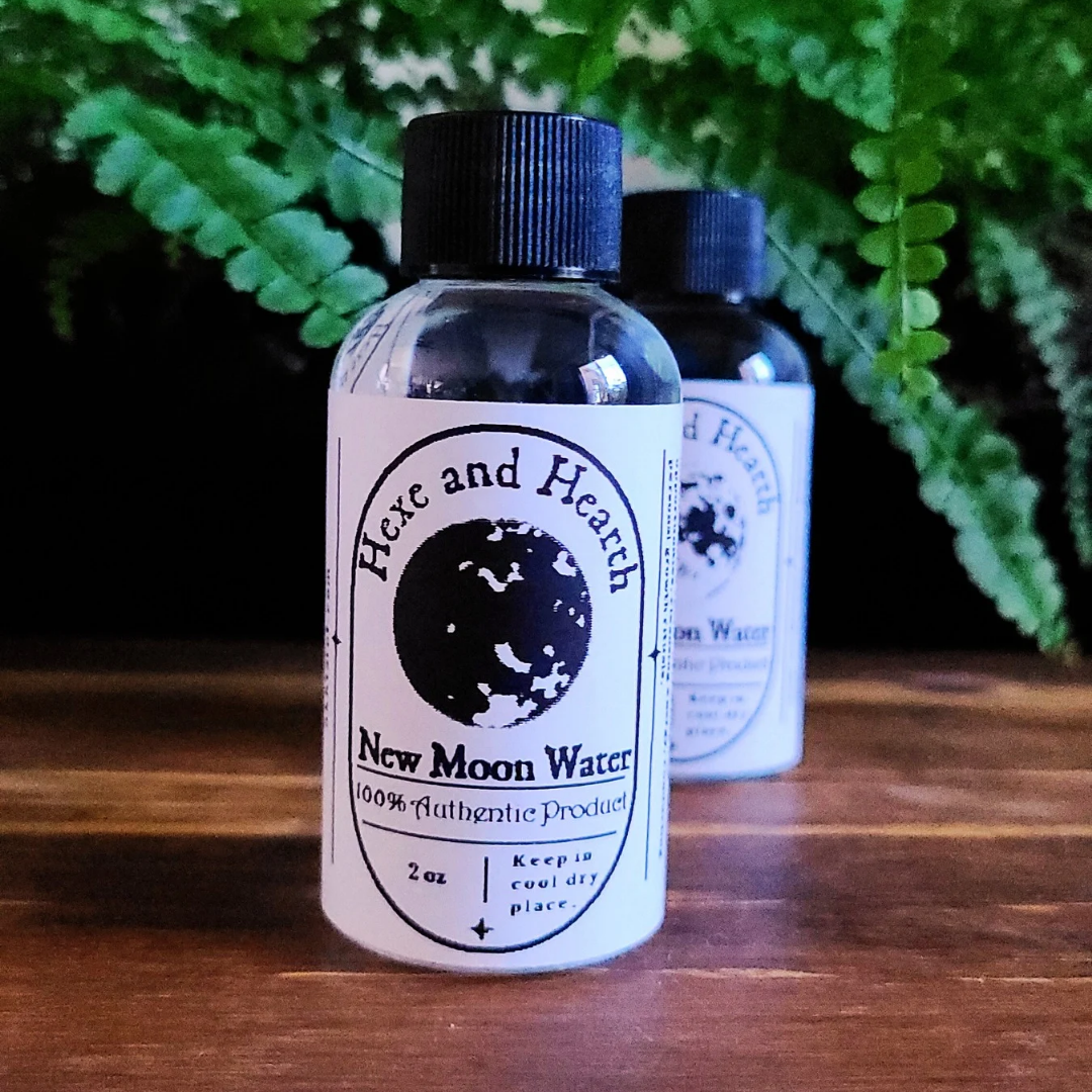 4-Pack Moon Water and Crystal Set – Moon Phases Water with Bonus Selenite Wand & Hexe Black Salt Vial – Ritual Cleansing, Charging, Intention Setting