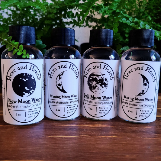 4-Pack Moon Water and Crystal Set – Moon Phases Water with Bonus Selenite Wand & Hexe Black Salt Vial – Ritual Cleansing, Charging, Intention Setting