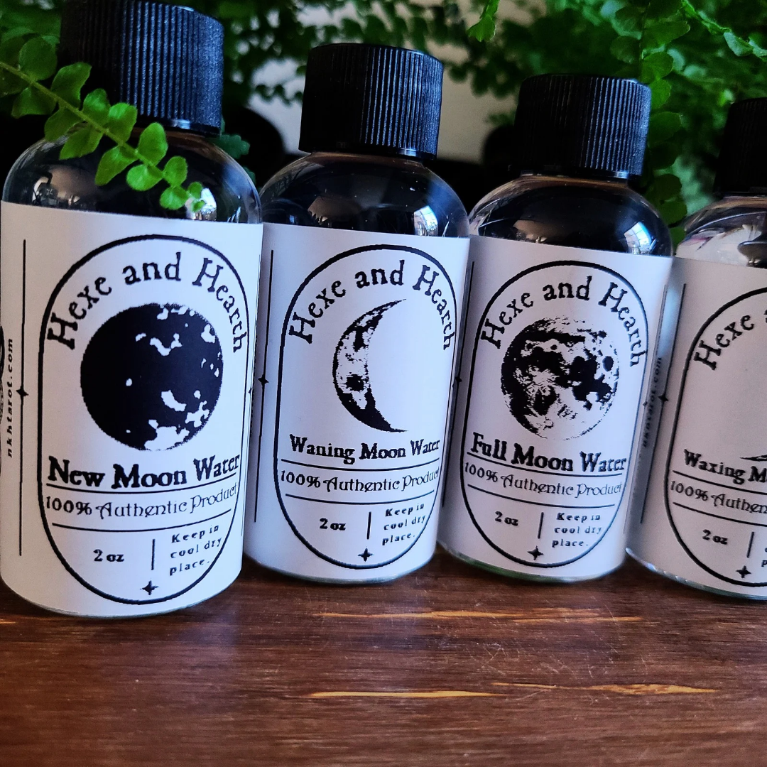 4-Pack Moon Water and Crystal Set – Moon Phases Water with Bonus Selenite Wand & Hexe Black Salt Vial – Ritual Cleansing, Charging, Intention Setting