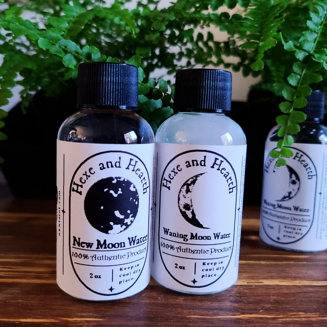 4-Pack Moon Water and Crystal Set – Moon Phases Water with Bonus Selenite Wand & Hexe Black Salt Vial – Ritual Cleansing, Charging, Intention Setting