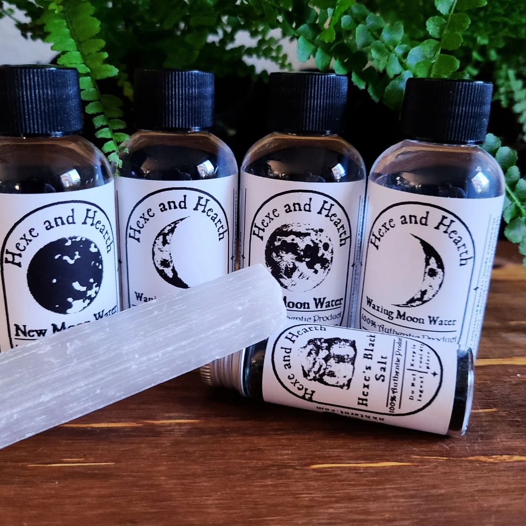 4-Pack Moon Water and Crystal Set – Moon Phases Water with Bonus Selenite Wand & Hexe Black Salt Vial – Ritual Cleansing, Charging, Intention Setting