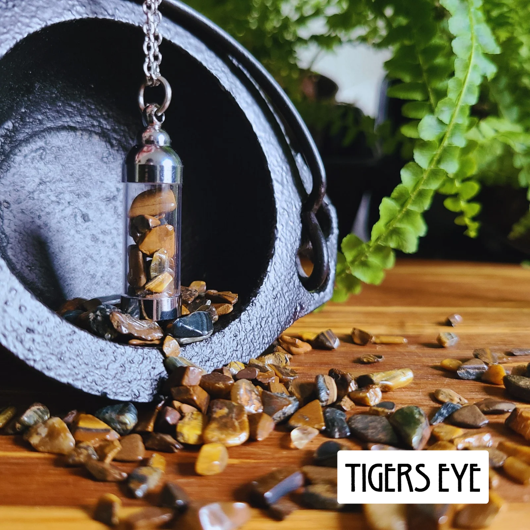 Tiger's Eye Crystal Necklace in Clear Chamber – 1.5 Inch Crystal Tube Pendant with 20.9 Inch Chain for Personal Empowerment, Focus, Energy Balancing