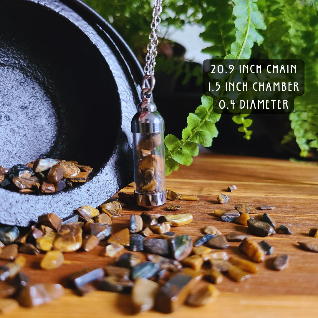Tiger's Eye Crystal Necklace in Clear Chamber – 1.5 Inch Crystal Tube Pendant with 20.9 Inch Chain for Personal Empowerment, Focus, Energy Balancing