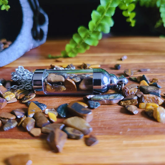 Tiger's Eye Crystal Necklace in Clear Chamber – 1.5 Inch Crystal Tube Pendant with 20.9 Inch Chain for Personal Empowerment, Focus, Energy Balancing