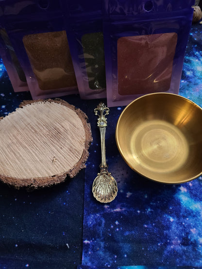 Loose Incense 4 Pack With Burning Bowl, Wood block, Golden Spoon- Cleansing, Protection, Love, Prosperity | Handcrafted, Natural, and Blessed