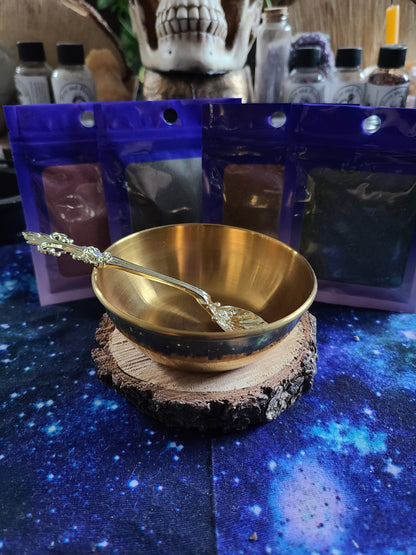 Loose Incense 4 Pack With Burning Bowl, Wood block, Golden Spoon- Cleansing, Protection, Love, Prosperity | Handcrafted, Natural, and Blessed