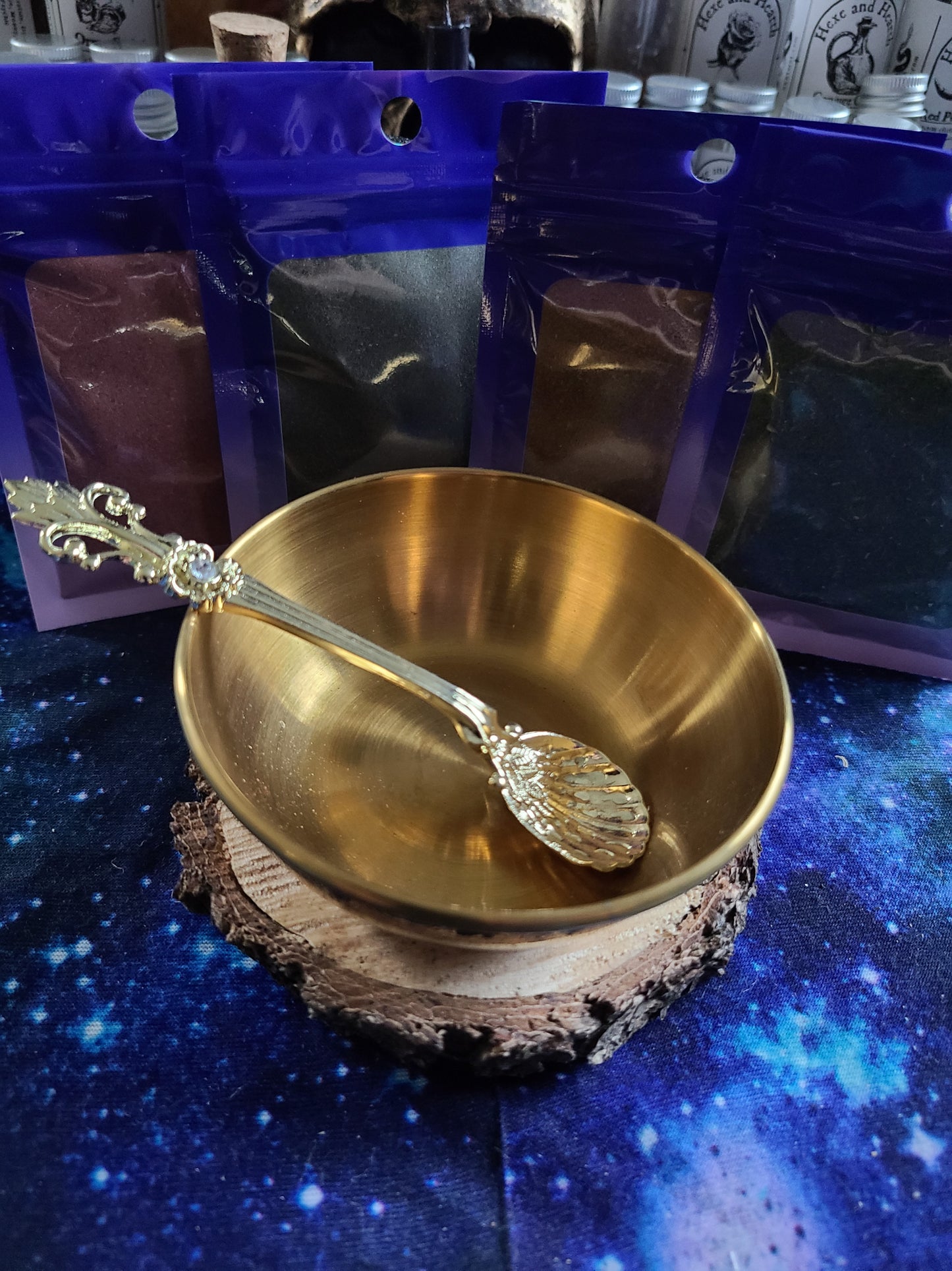 Loose Incense 4 Pack With Burning Bowl, Wood block, Golden Spoon- Cleansing, Protection, Love, Prosperity | Handcrafted, Natural, and Blessed