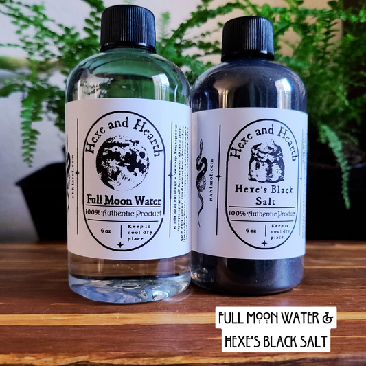Full Moon Water & Hexe's Black Salt Bundle – 6 oz Ritual Duo with Bonus Crystal for Cleansing, Protection, and Spiritual Growth