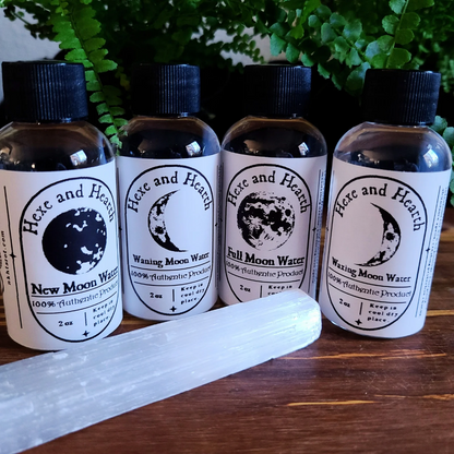 4-Pack Moon Set –  Moon Phases Water with Bonus Selenite Wand & Hexe Black Salt Vial – Ritual Cleansing, Charging, Intention Setting