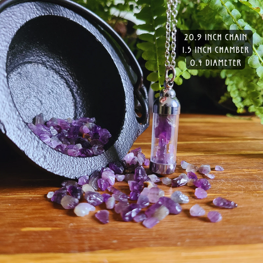 Amethyst Crystal Energy Necklace in Clear Tube Chamber with 20.9-Inch Chain – Harness Healing and Tranquility