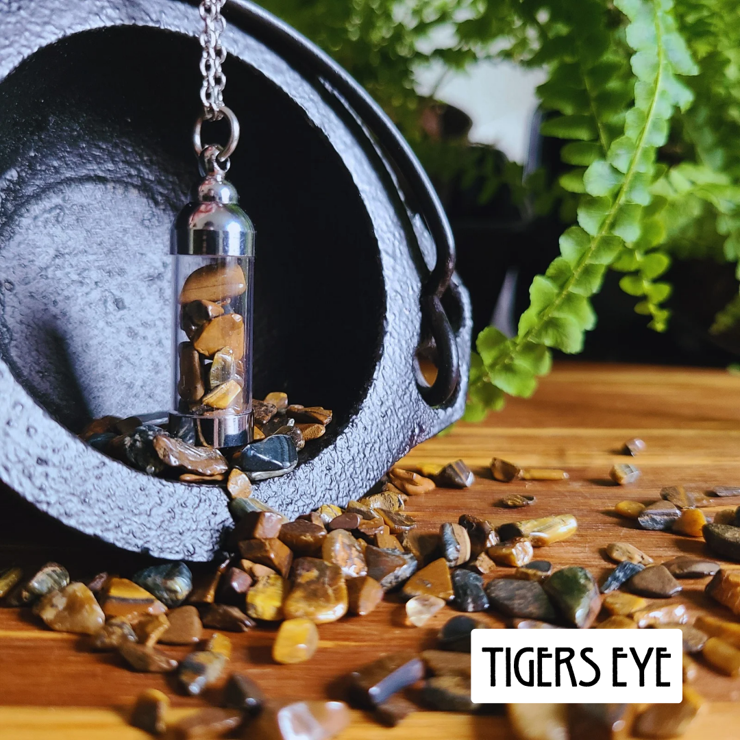 Tiger's Eye Crystal Necklace in Clear Chamber – 1.5 Inch Crystal Tube Pendant with 20.9 Inch Chain for Personal Empowerment, Focus, and Energy Balancing