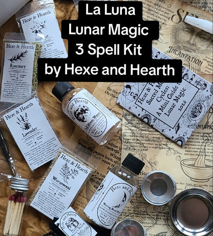 Lunar Spell Kit –3 spells 4 Moon Waters, Selenite Wand & Hexe Black Salt, Cleansing, Charging & Intention