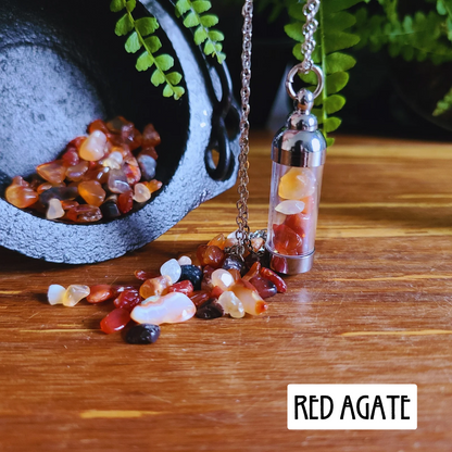 Red Agate Crystal Necklace in Glass Chamber for Protection, Courage, and Grounding – 1.5-inch Clear Crystal Holder on 20.9-inch Chain