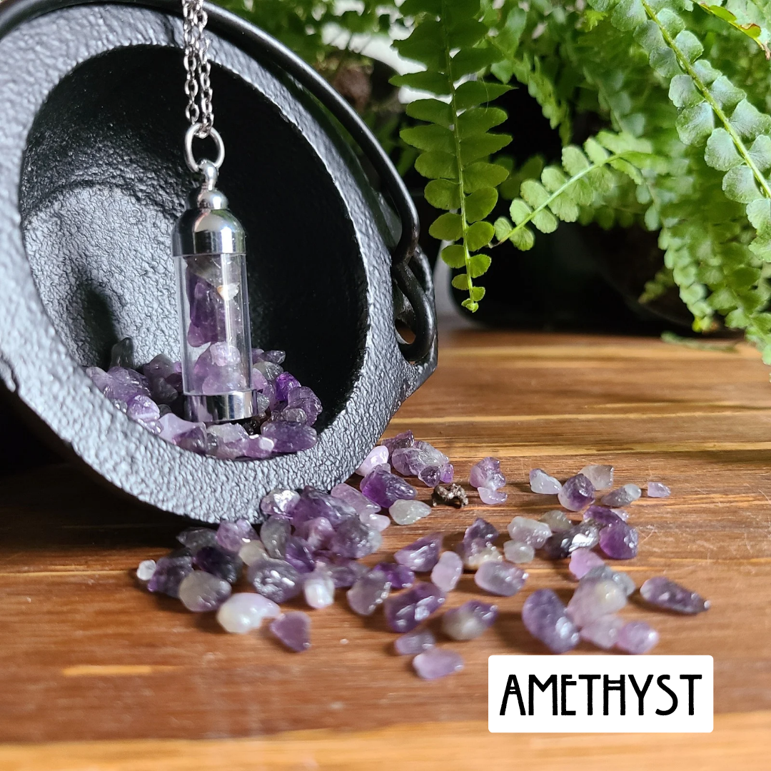 Amethyst Crystal Energy Necklace in Clear Tube Chamber with 20.9-Inch Chain – Harness Healing and Tranquility