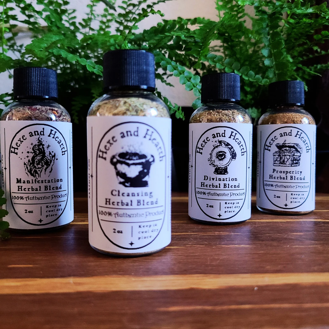 Hexe’s Herbal Blends 4-Pack – Potent Herbs for Divination, Cleansing, Manifestation, and Prosperity Spellwork and Rituals