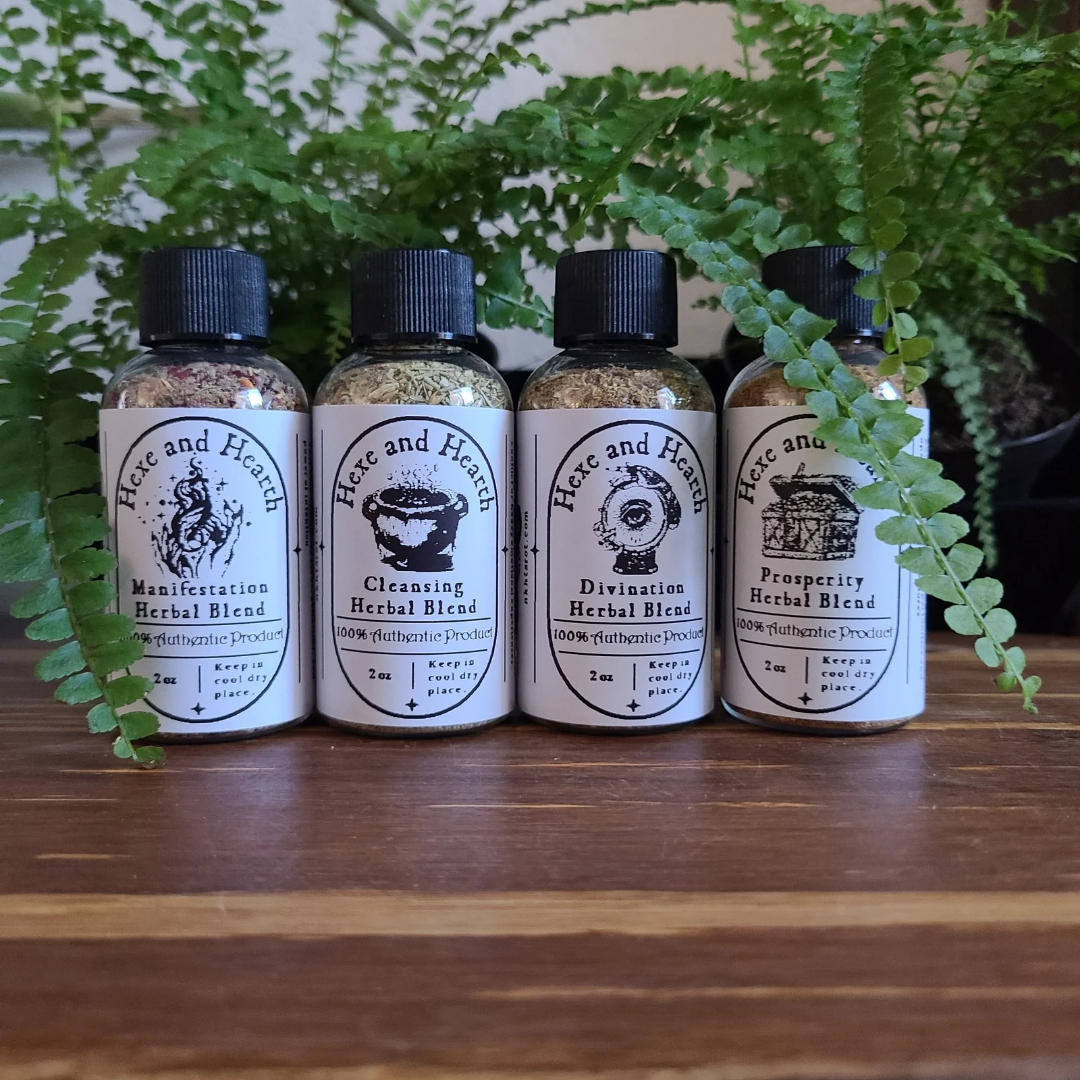 Hexe’s Herbal Blends 4-Pack – Potent Herbs for Divination, Cleansing, Manifestation, and Prosperity Spellwork and Rituals